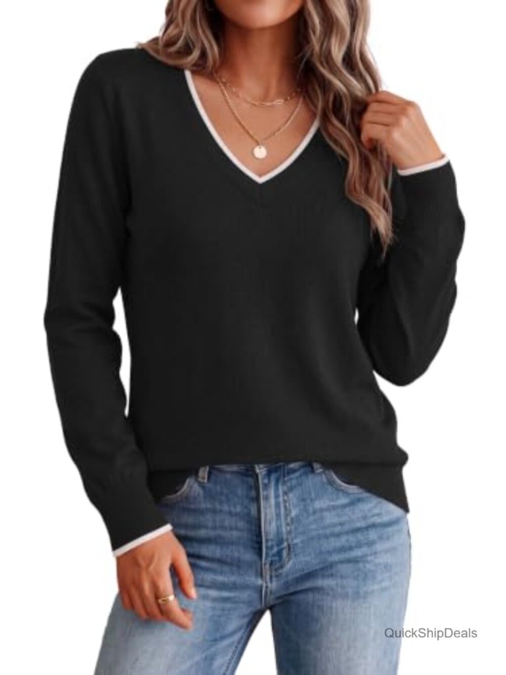 V Neck Sweater Long Sleeve Knit Pullover Top